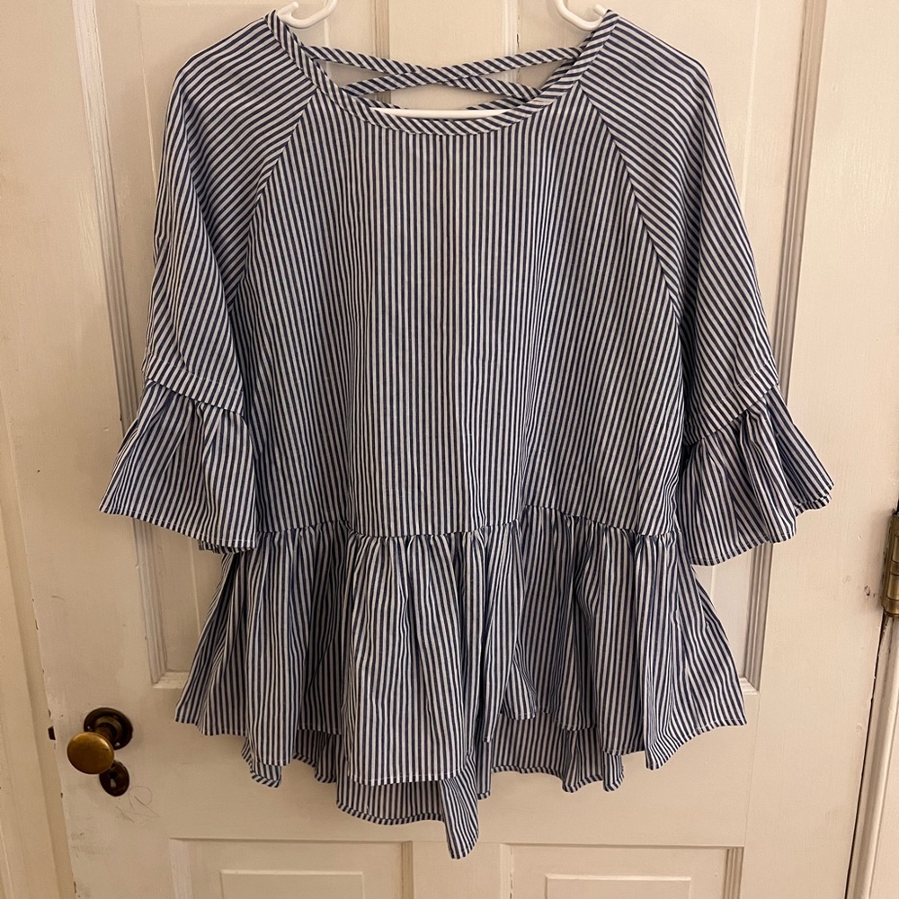 Listicle Blue and White Ruffled Bell Sleeve Blouse